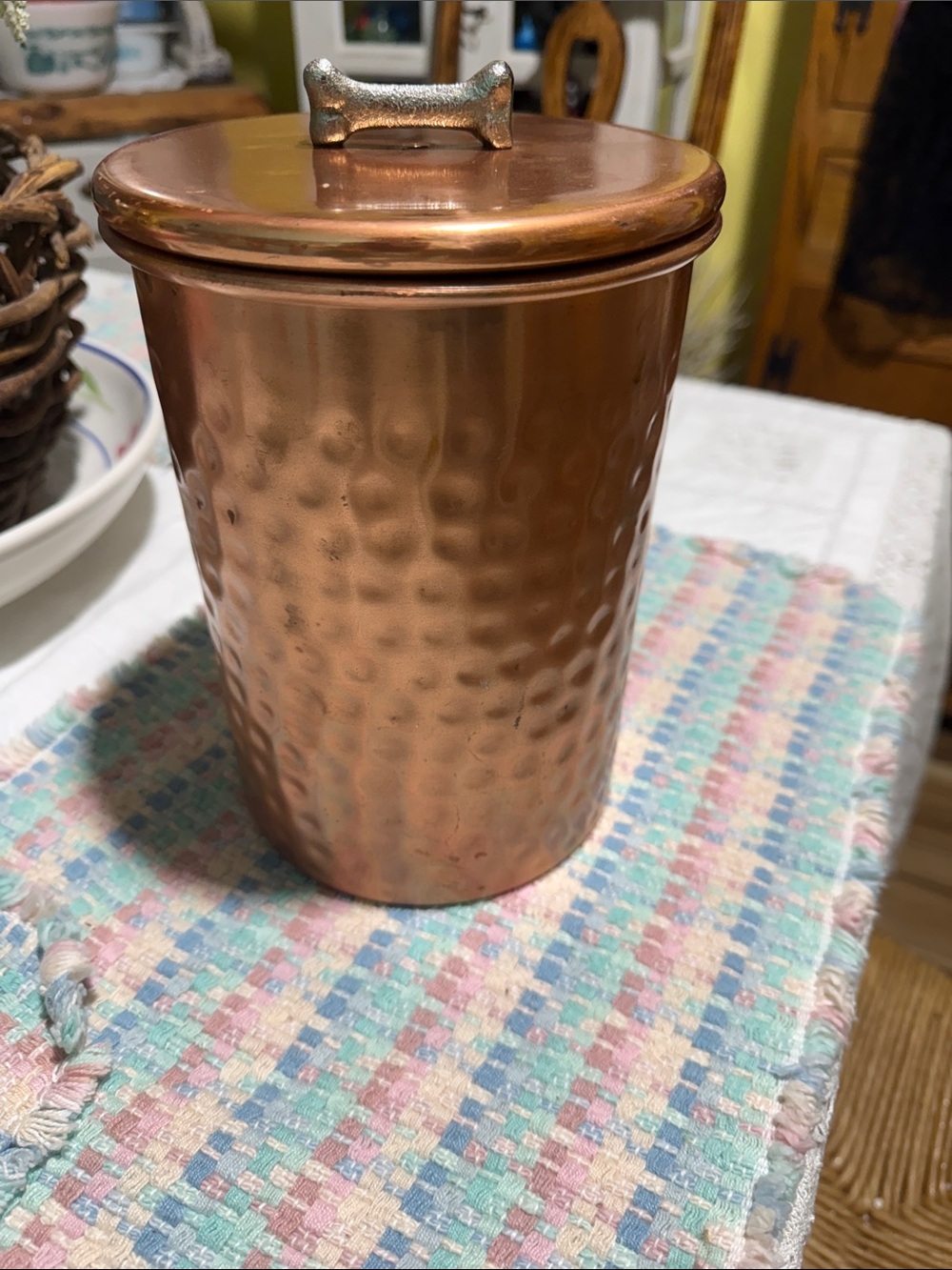Hammered copper dog treat canister